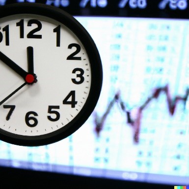 A clock with a graph in the background    Description automatically generated